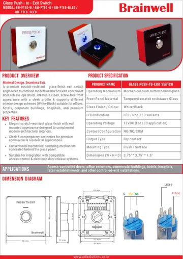 Brainwell Glass Push-to-Exit Switch BW-PTEG-W / B / WLED / BLED datasheet