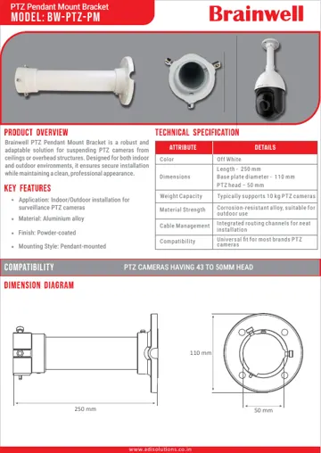 Brainwell PTZ Pendant Mount Bracket BW-PTZ-PM datasheet