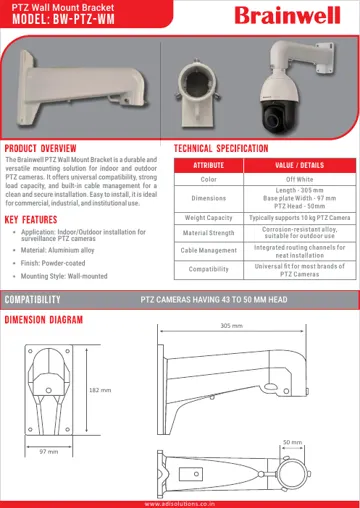 Brainwell PTZ Wall Mount Bracket BW-PTZ-WM datasheet