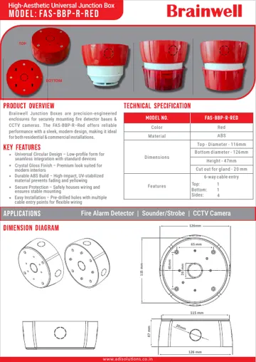 Brainwell Universal Junction Box (Red) FAS-BBP-R-Red datasheet