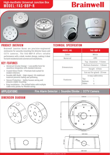 Brainwell Universal Junction Box (White) FAS-BBP-R datasheet