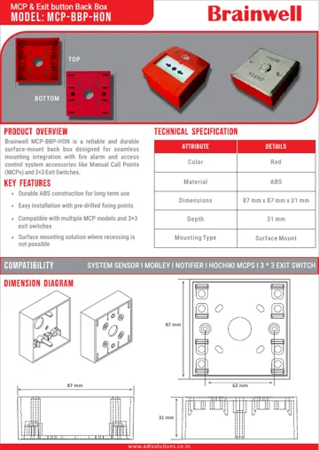 Brainwell MCP & Exit Button Back Box MCP-BBP-HON datasheet