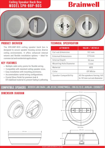 Brainwell Ceiling Speaker Back Box SPK-BBP-BOS datasheet