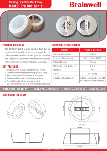 Brainwell Ceiling Speaker Back Box SPK-BBP-HON-E datasheet