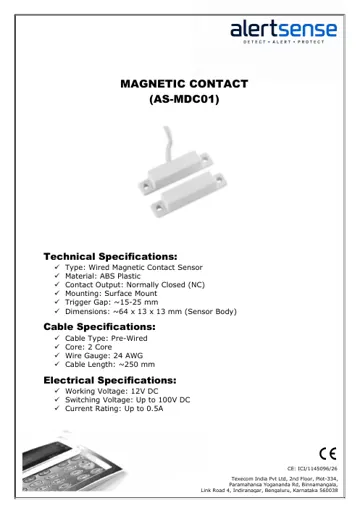 Texecom Alertsense Magnetic Contact AS-MDC01 datasheet