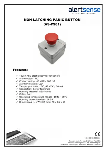 Texecom Alertsense Non-Latching Panic Button AS-PS01 datasheet
