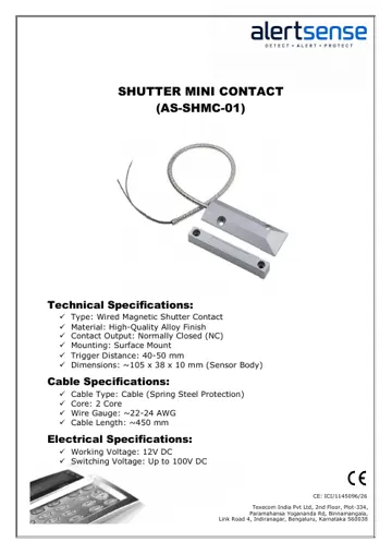 Texecom Alertsense Shutter Mini Contact AS-SHMC-01 datasheet